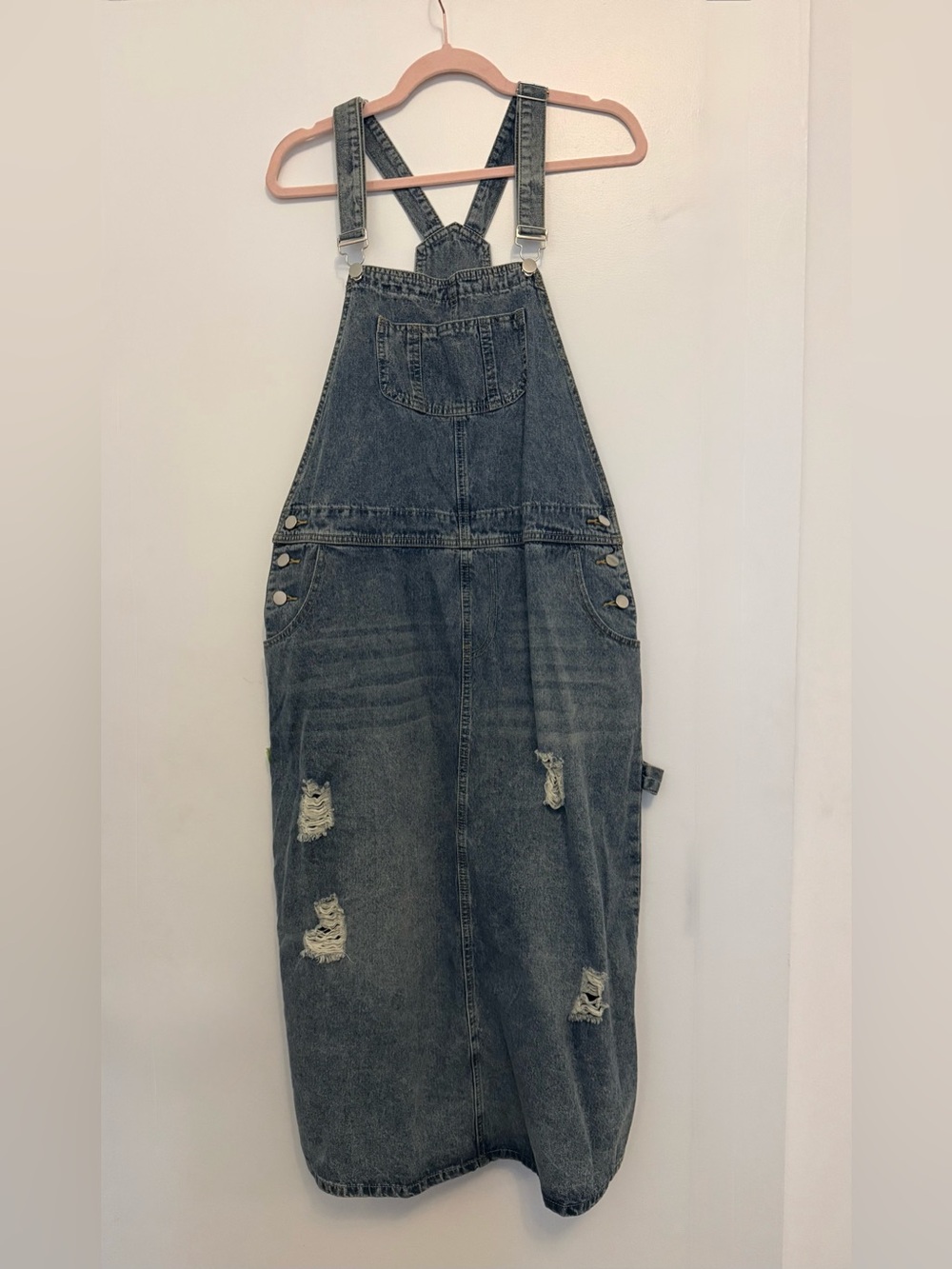 Women’s Distressed Denim Overall Jeans Skirt Dress - Light Blue Blue Wash L - Picture 4 of 5